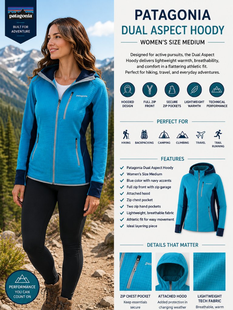 Patagonia Dual Aspect Hoody Womens M Blue Full Zip Hooded Hiking Jacket Outdoors